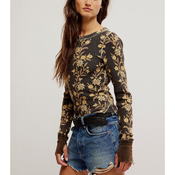 Free People Dark Brown and Gold Floral Long Sleeve Tee - Picture 2 of 6
